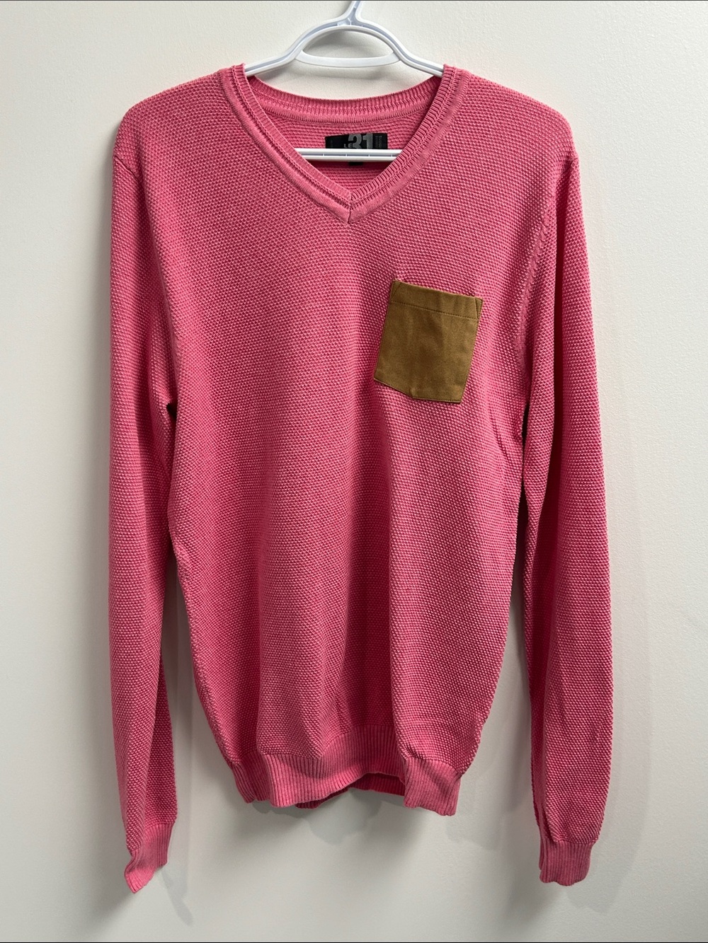 Simons Pink V-Neck Sweater with Brown Patch Pocket